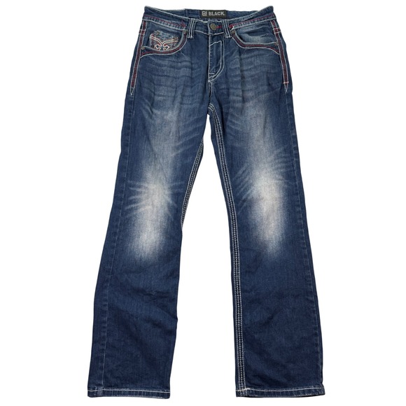CJ Black Bootcut Jeans Embellished Pockets Dark Wash Denim Mens 28/30 Distressed - Picture 1 of 12